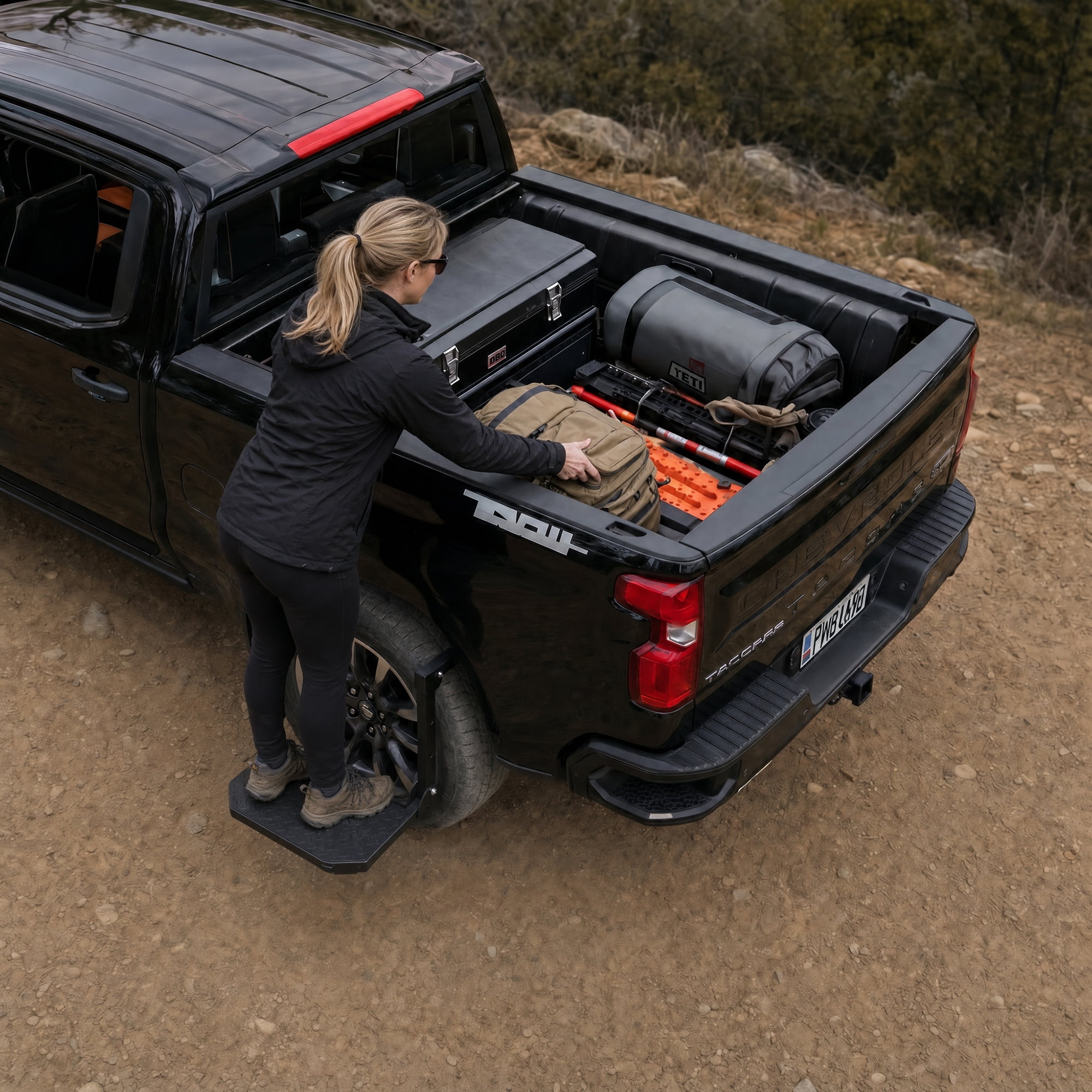 Universal Folding Tire Mounted Step for Truck SUV and RV, Heavy Duty Adjustable Side Step Fits 10.2-14.4 Inch Tires, 300 lb Capacity Tire Step, Black