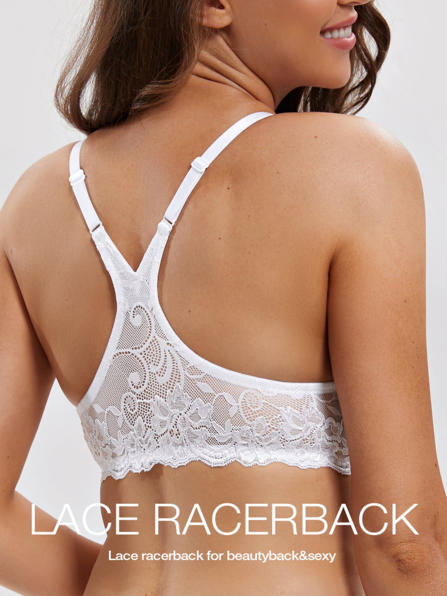 Deyllo Women's Lace Push Up Padded Plunge Underwire Racerback Bra, White, 38C
