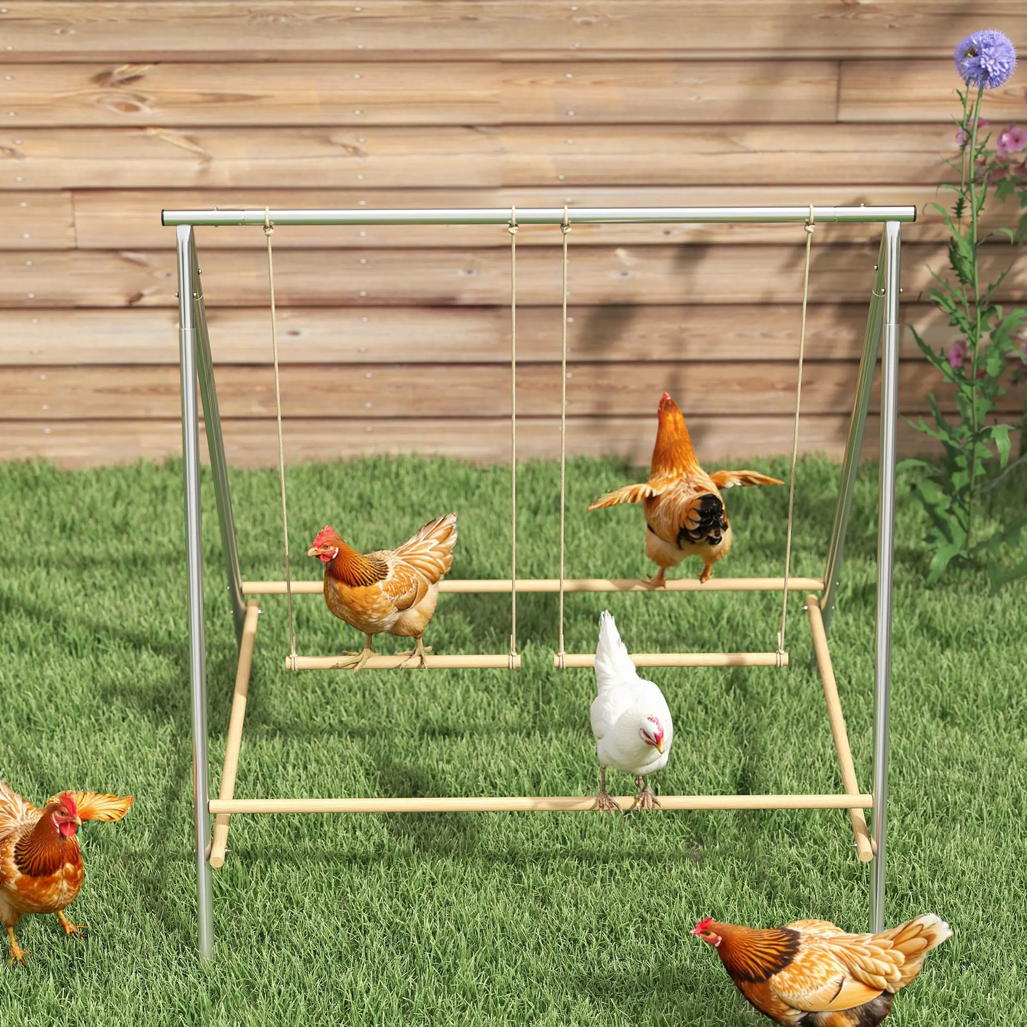 Freestanding Chicken Playground with 2 Adjustable Swings 4 Pine Wood Perches, Rust Proof Galvanized Steel Frame, Chicken Toy for 4-6 Chickens Yard Coop Run