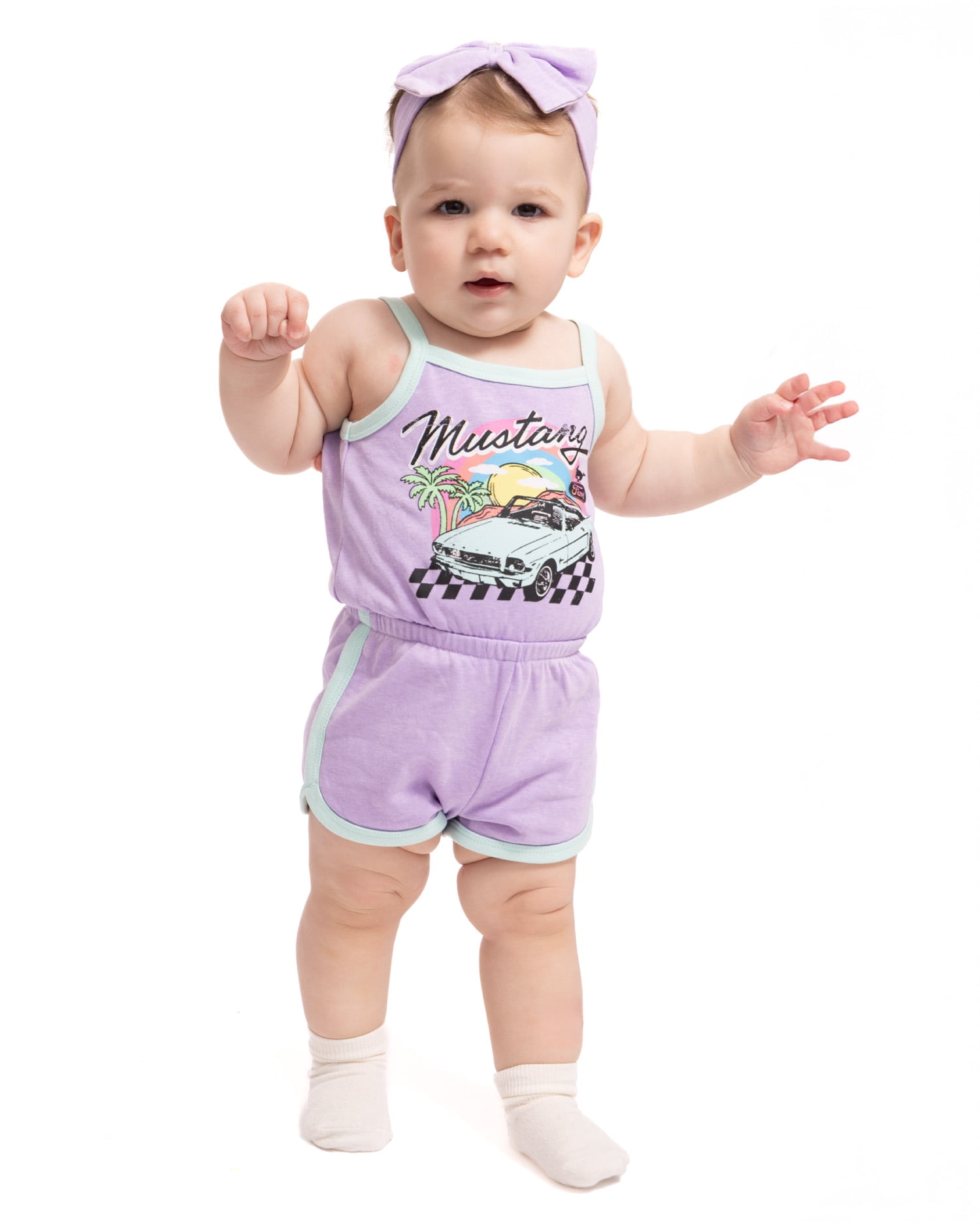 Mustang Baby Girls Sleeveless Graphic Romper with Matching Bow Headband, Sizes 0/3M-24M