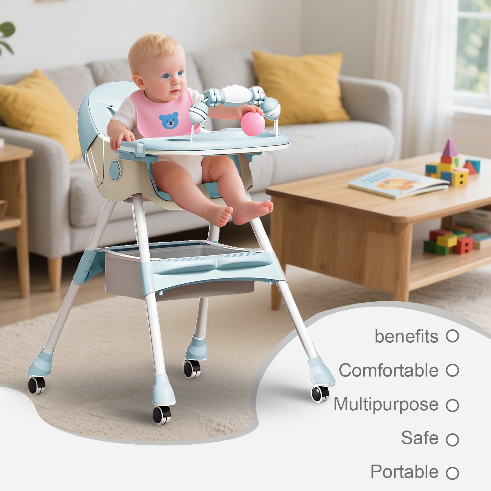 BEJOLO Baby High Chair, 4-in-1 Foldable Highchair Dining Feeding Chair with Double Dining Plate & Toy Rack, Infant to Toddler, Mint Blue