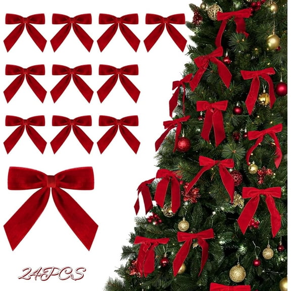 TETOU 24 Pcs Christmas Bows,6 x 6 Inch Medium Red Velvet Bows Burgundy Xmas Ribbon Ornaments for Christmas Tree Wreath Garland Gift Wrapping Crafts Wedding Party Decoration