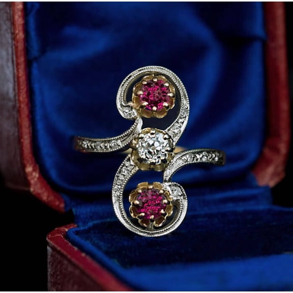 Belle Epoque Antique Diamond Ruby Scroll Ring