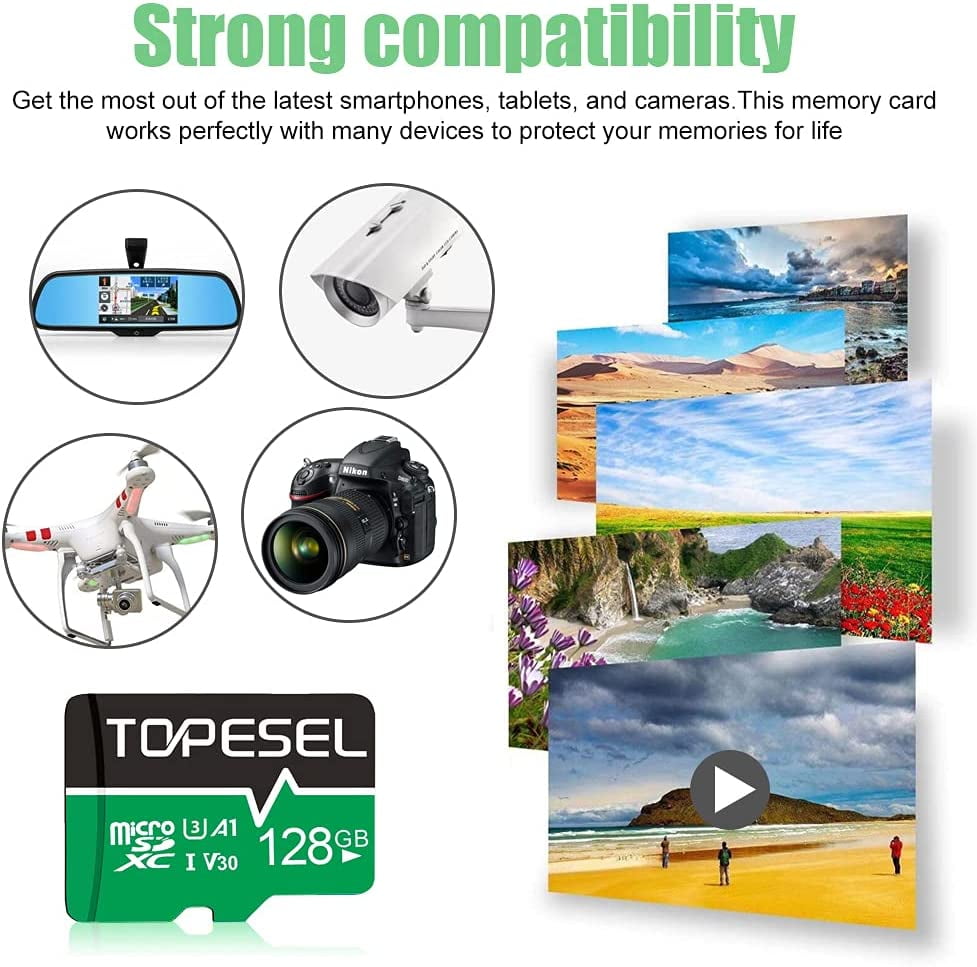 TOPESEL 4 Pack 128GB Micro SD Card A1 V30 U3 Class 10 Micro SDXC UHS-I SD Cards for Camera/Drone/Dash Cam