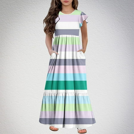 

BLTIBY Girls Toddler Dresses Summer Short Ruffled Sleeve Round Neck Printed Pricess Dress with Pockets Casual Birthday Party Beach Kids A-Line Sundress 6 Months-12 Years Light Blue 6-7 Years