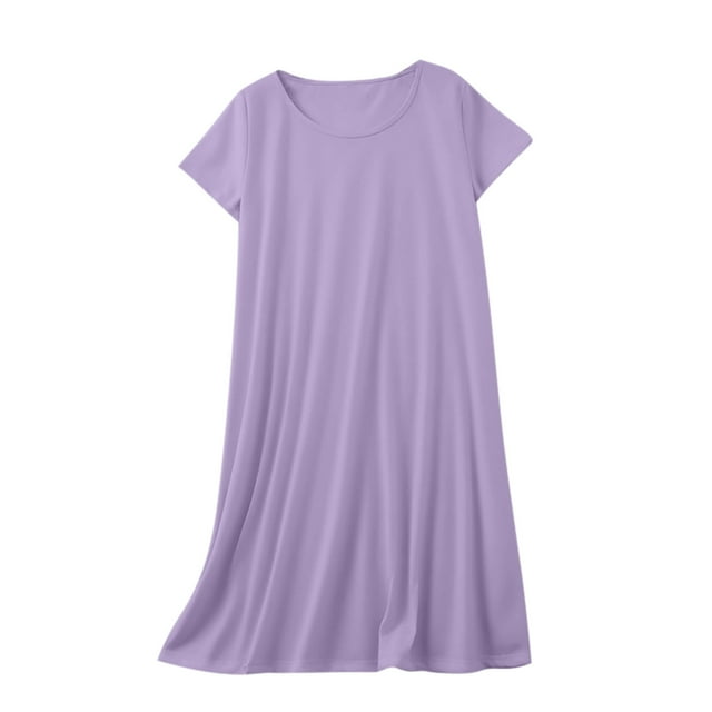 Tnhcen Robe d'Été en Coton Unie à Col Rond pour Femme – Pyjama Basique à Manches Courtes pour la Maison et l'Extérieur, Robe Décontractée Polyvalente P-2TG