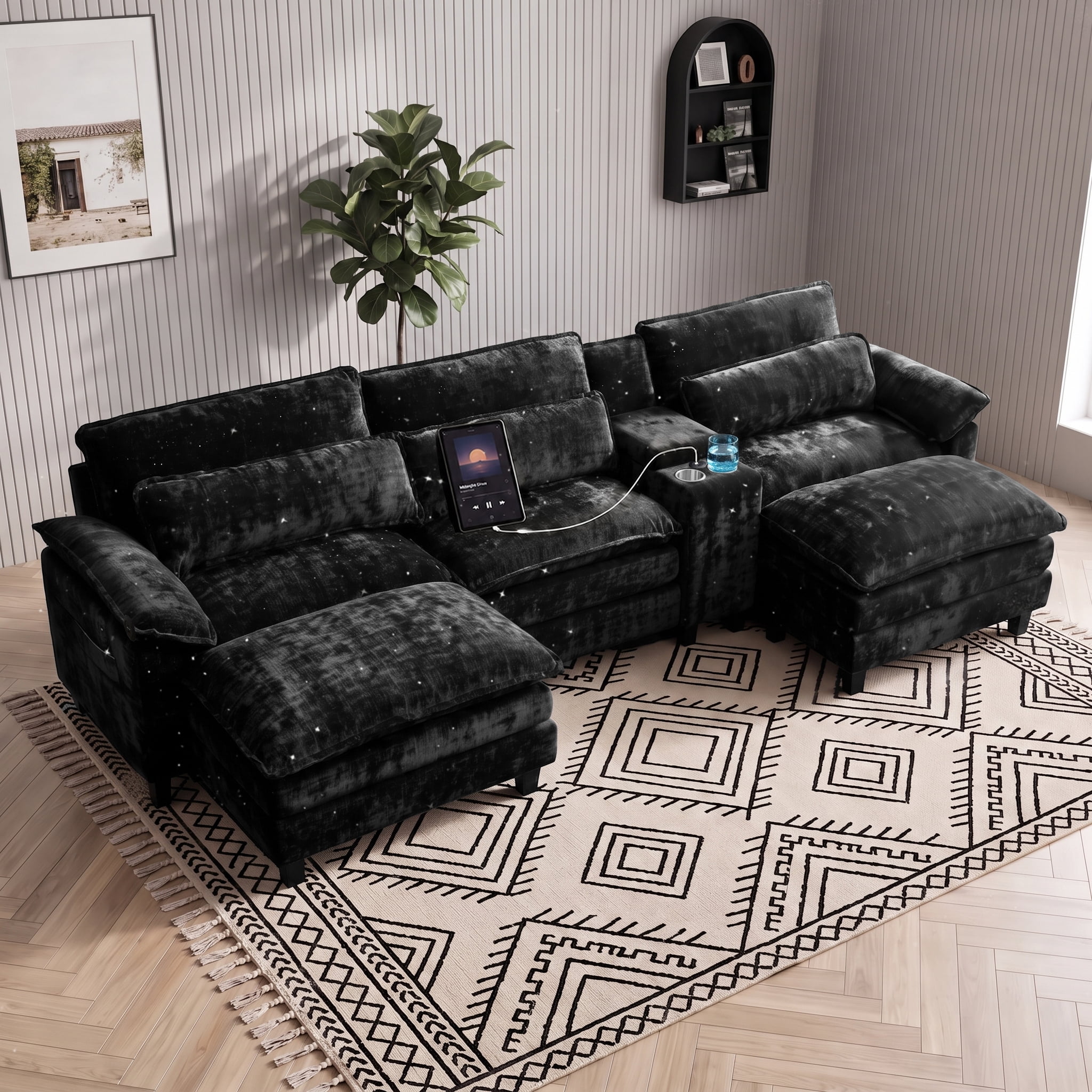 UBERLYFE 119" U-Shaped Cloud Sectional Sofa, Modular Couch With Double Chaise, USB Charging Ports, Hidden Storage & Cup Holders For Living Room, Black
