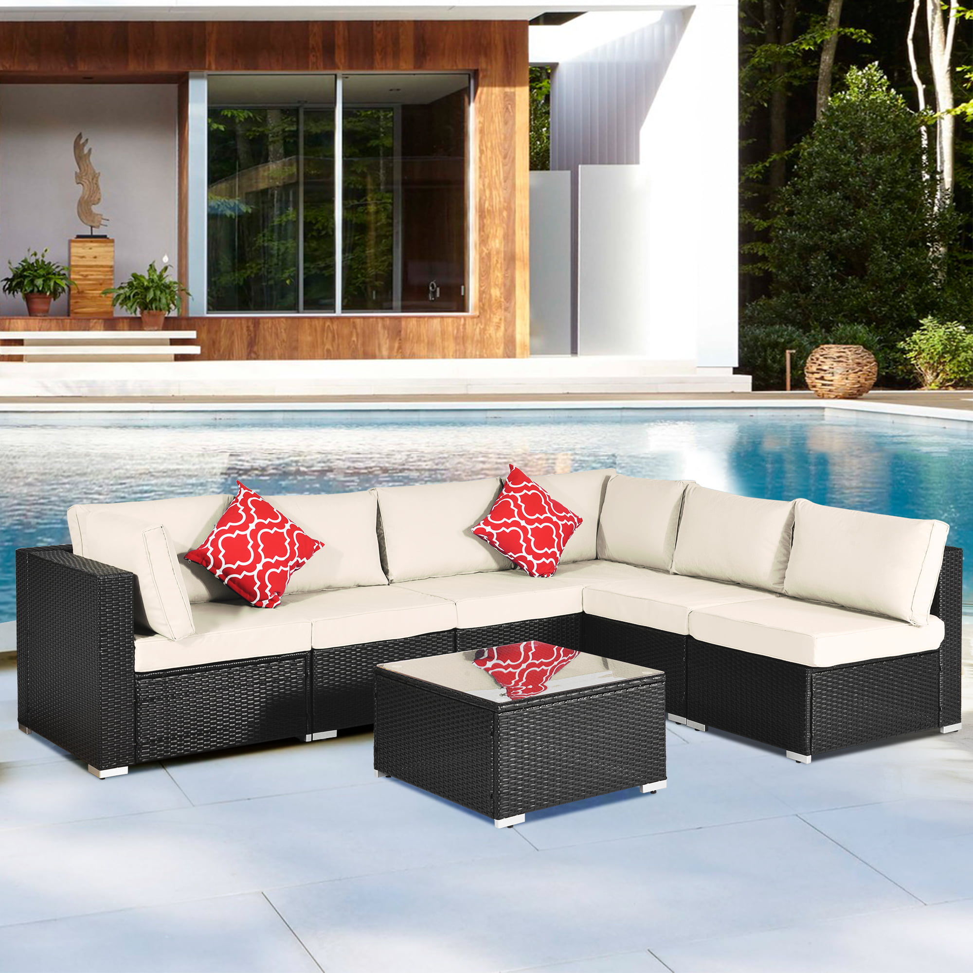 7 PCS Wicker Outdoor Conversation Furniture Set Patio Couch Sectional Sofa All-Weather Brown Rattan with Beige Cushions Glass Coffee Table 