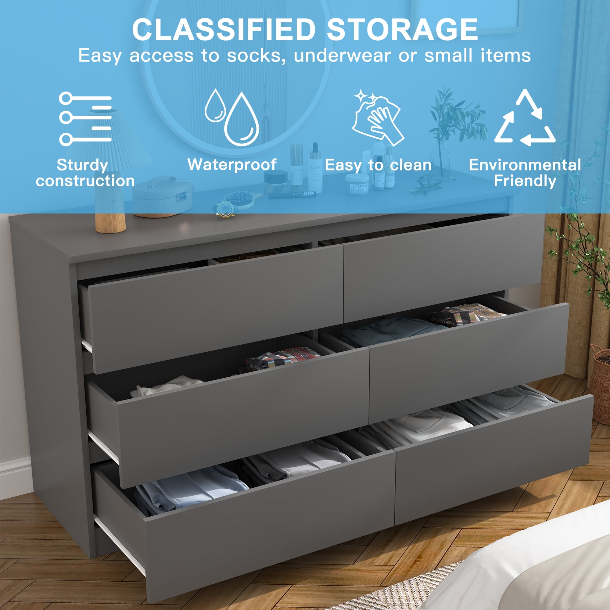 Kadyn Gray Chest of Drawer, 6 Double Drawer Dresser for Bedroom, Modern Storage Cabinet for Living Room, Nursery Dresser