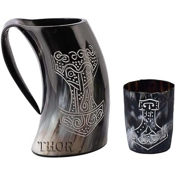 Medieval Handmade Authentic Viking Thor Drinking Horn Mug- For Hand Engraved Shot Drink Cup - Food Safe Beer Horns Rustic Vintage Home Decor Gifts