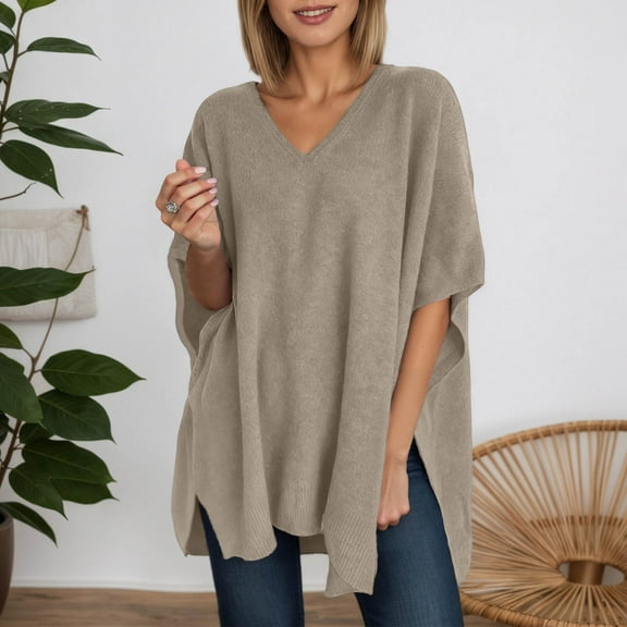 Womens Poncho Sweater V Neck Batwing Sleeveless Shawl Pullover Sweaters (Coffee XL)