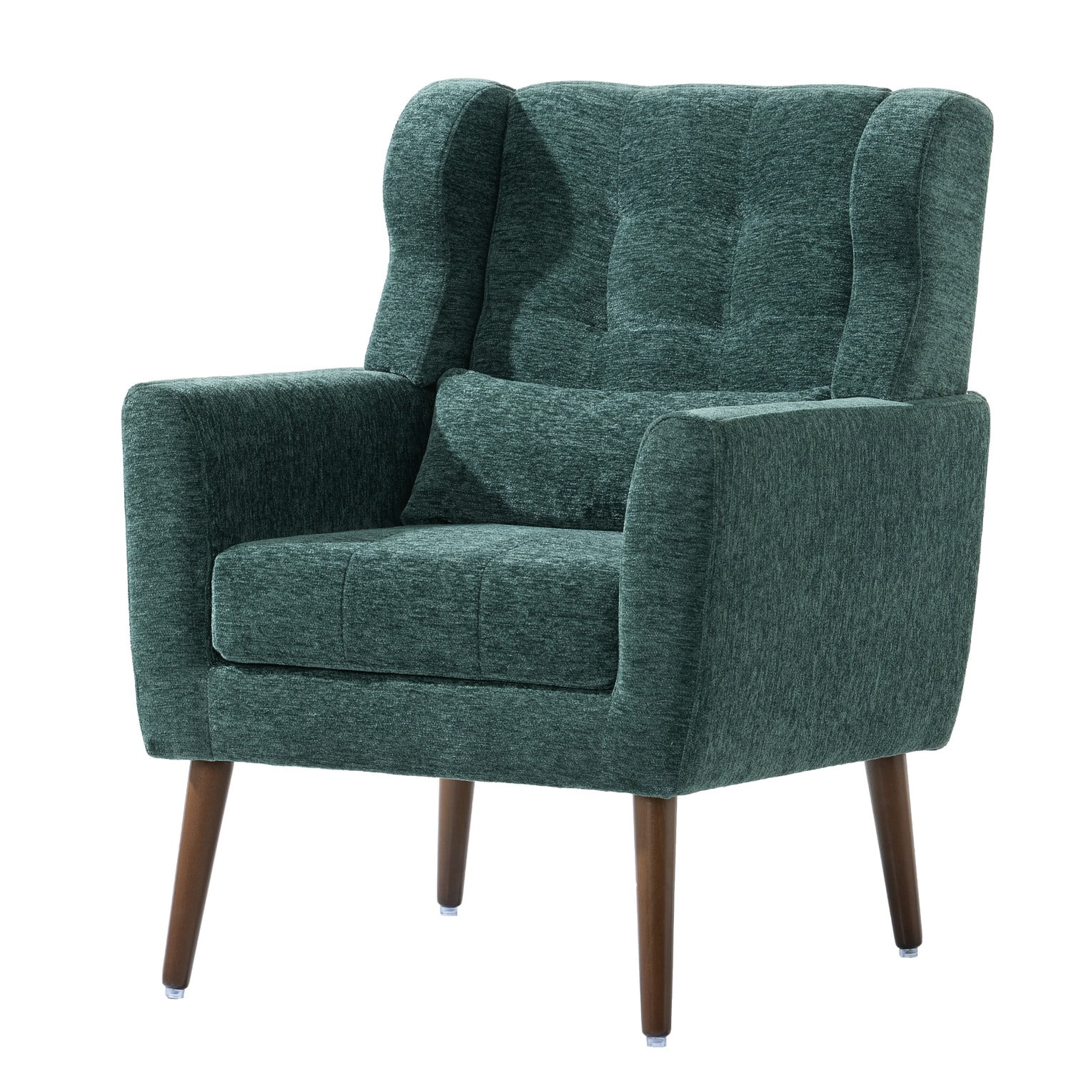 Modern Chenille Accent Chair with Pillow, Upholstered Armchair with Solid Wood Legs, Ergonomic Lounge Chair for Living Room, Bedroom, Reading Room, Small Space, Blackish Green