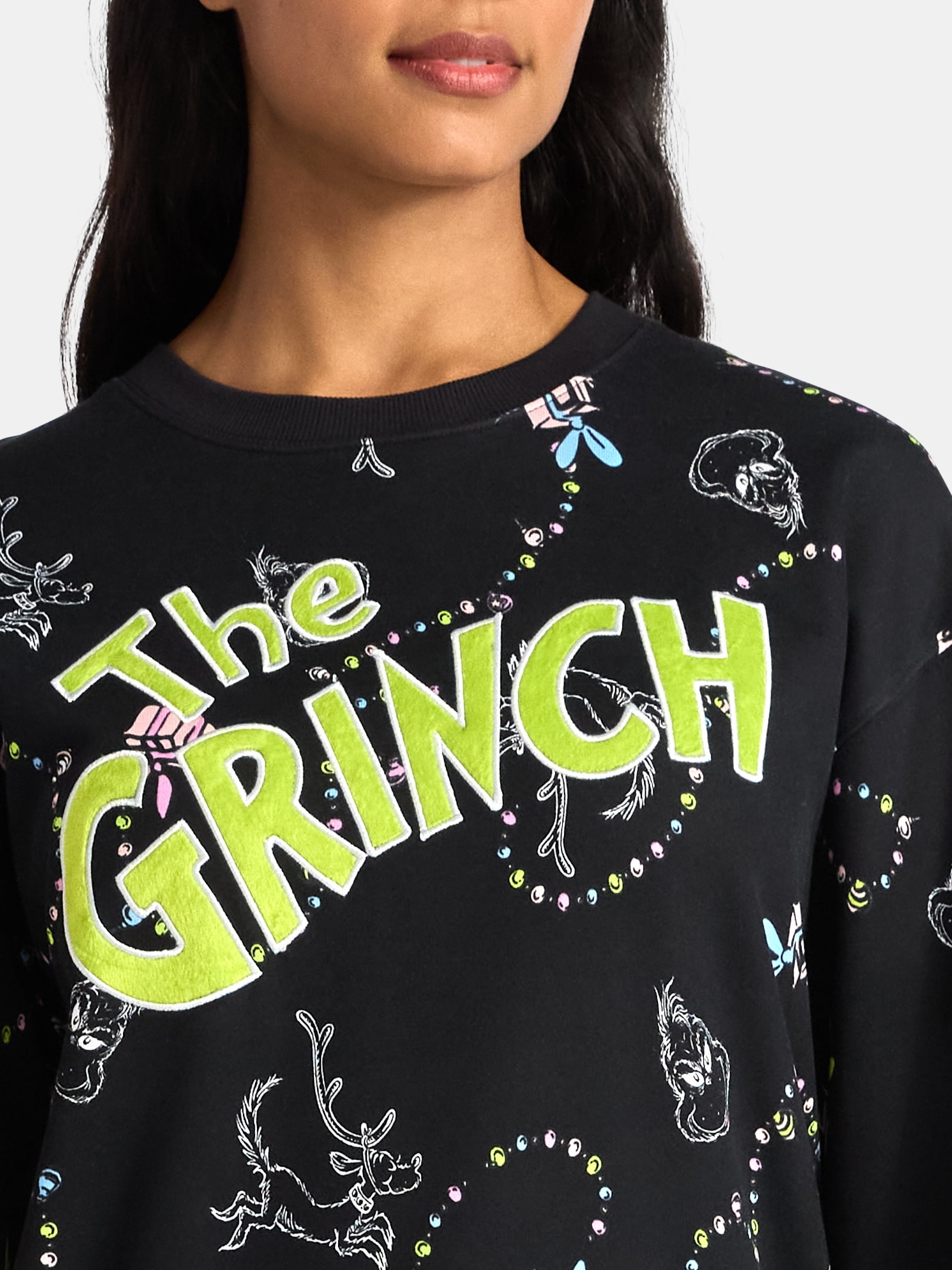 Dr Seuss The Grinch Women's Graphic Print Fleece Sweatshirt with Long Sleeves, Sizes XXS-XXL