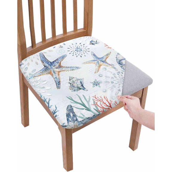 Ocean Starfish Chair Seat Covers for Dining Room Stretch Chair Seat Covers Set of 4, Summer Coastal Coral Flower Shells Chair Seat Protector Cushion Slipcovers for Kitchen Restaurant Office
