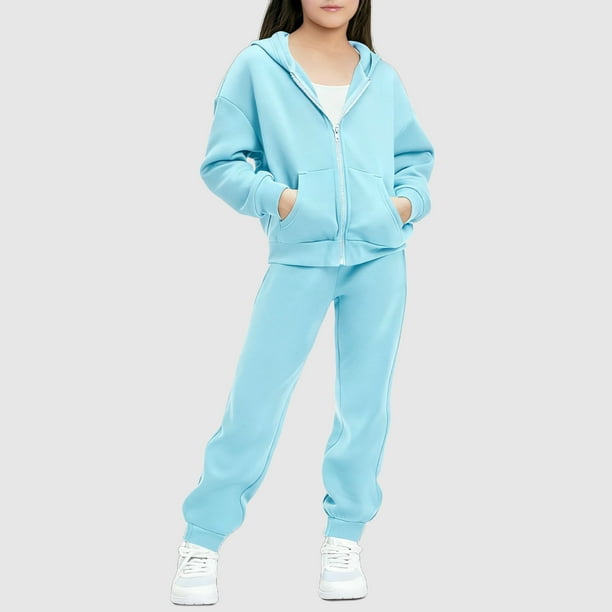 Chaqueta de invierno de color liso para niños, sudadera larga con capucha y cremallera y pantalones deportivos con lazo en las piernas, conjunto deportivo informal con forro polar para mayor calidez,