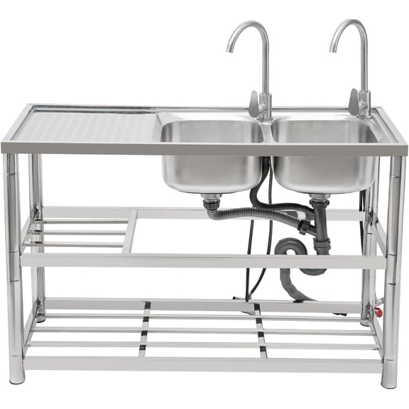 Free Standing Commercial Kitchen Sink Stainless Steel Double Bowl Utility Sink with Cold & Hot Faucet Prep & Utility Restaurant Garage Kitchen Sink Outdoor Sink (Right Double Sink)