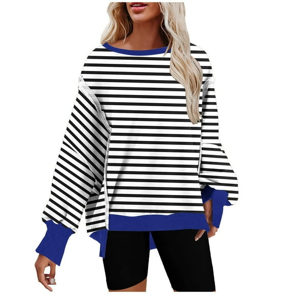 XPMWRP Women's Striped Casual Sweatshirts Oversized Crewneck Long Sleeve Pullover Top Fall Winter Outfits Fashion Clothes Blue XL