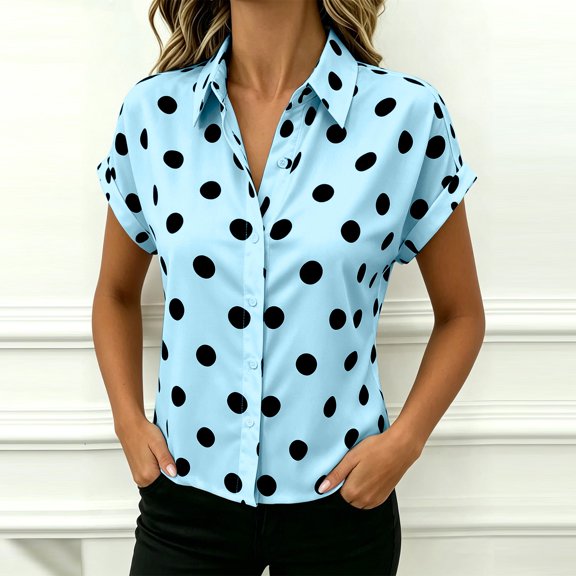 WCJM Women's Summer Cute Polka Dot Blouse Short Sleeve Loose Fit Button Front Casual Top Womens Short Sleeve T Shirts
