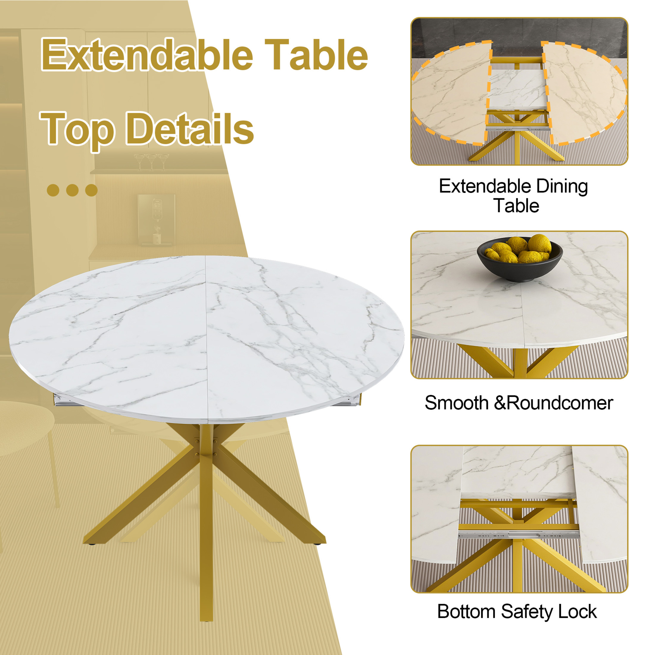 Noble House Modern 59" Round Extendable Dining Table with Marble Top, Steel X-Base, 4-6 Person, White