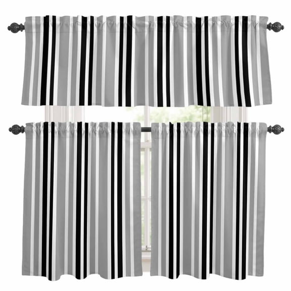 Black Grey Stripes Kitchen Curtains Sets for Windows 36 Inch Length, Simple Striped Lines Minimalist Modern Rod Pocket Window Treatments Tier Curtains and Valances Set for Bedroom/Bathroom