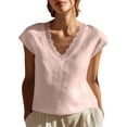 thumbnail image 3 of Craaazy Womens Spring And Summer Lace Trim Linen Top V-Neck Cap Sleeve Casual Blouse for Daily Wear Gifts, 3 of 8