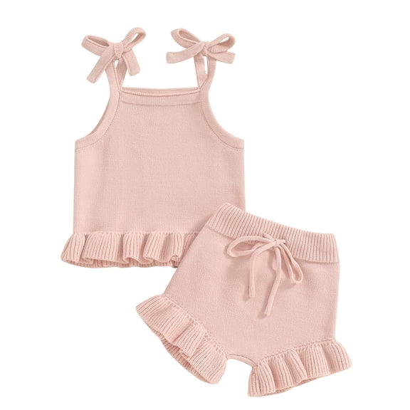 Baby Girls Knit Outfits Sleeveless Halter Tank Tops Elastic Waist Shorts Pants