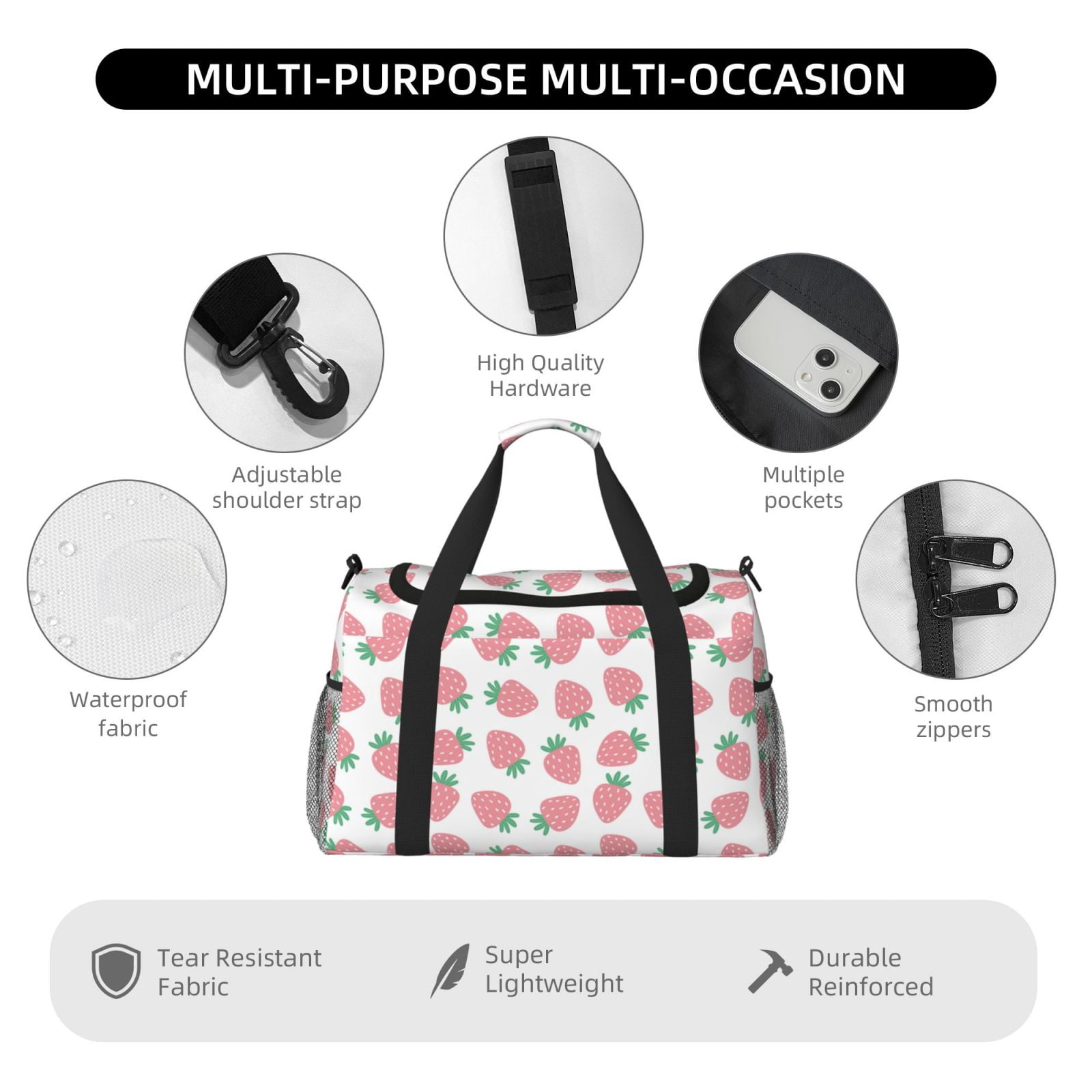 Fuzoiu Strawberry Print Travel Duffle Bag,Carry On Tote Bags,Duffel Bag,Sport Gym Bag, Hospital Bag for Labor and Delivery, Overnight Bag,Luggage Bag