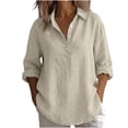 thumbnail image 2 of Chbgutlmr Cotton Linen Tops for Women Long Sleeve Curved Hem Half Button Lapel Shirts Casual Loose Lightweight Plain Tops, 2 of 6