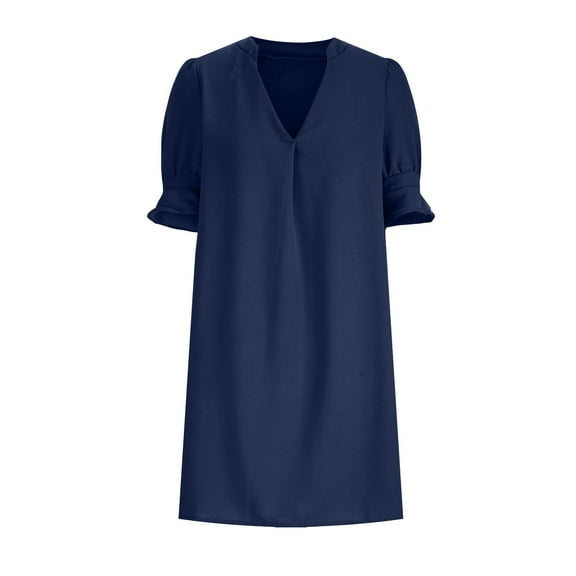Patlollav Midi Dresses for Women, Women's V-Neck Shirt Dress Solid Color Straight-Leg Casual Lace Short-Sleeve Dress