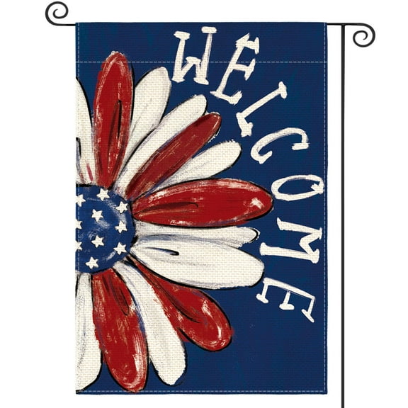 Double Sided 12x18 Memorial Day Garden Flag, Patriotic 4th of July Floral Welcome Daisy Outside Yard Decoration