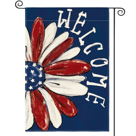 Double Sided 12x18 Memorial Day Garden Flag, Patriotic 4th of July Floral Welcome Daisy Outside Yard Decoration