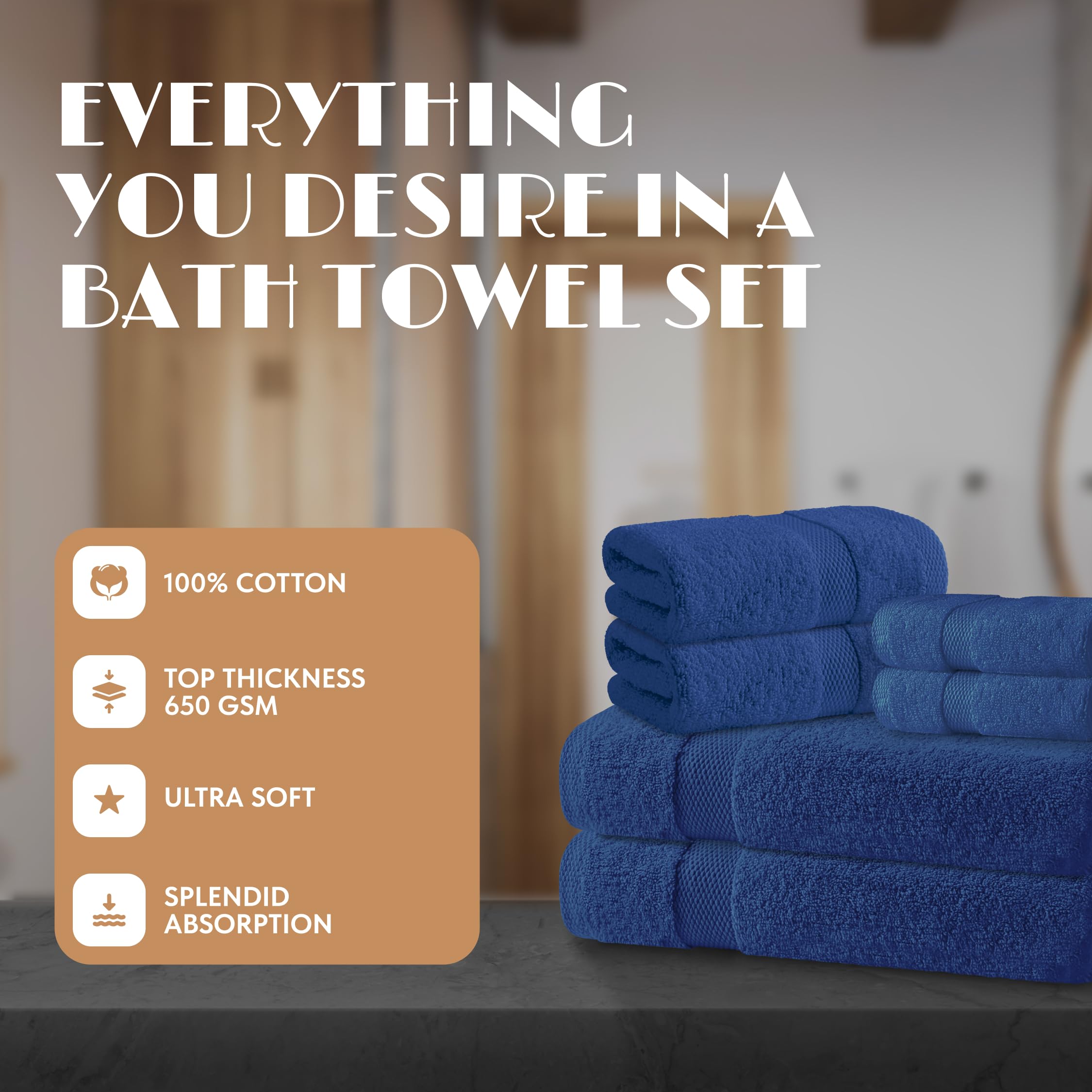 White Classic Navy Blue Bath Towel Set of 6 - 100% Cotton Highly Absorbent Towels for Bathroom, 2 Luxury Bath Towels 650GSM, 2 Hand Towels, 2 Washcloths