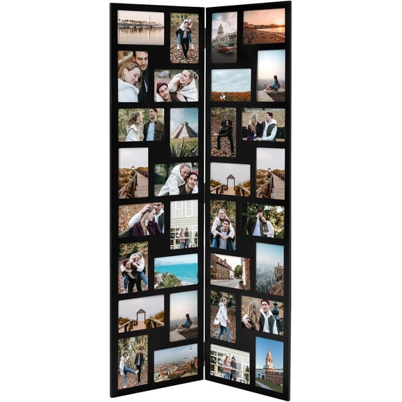 Adeco Black Wood Hinged Folding Screen-Style Collage Picture Photo Frame 32 Openings, 4x6