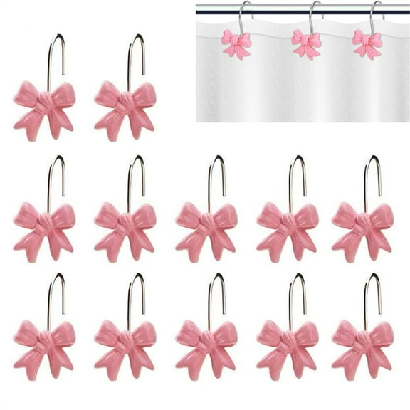 Yahome 12 Pcs Cute Bow Shower Curtain Hooks,Resin Knot Decorative Hangers,Rustproof Metal Shower Curtain Rings,for Home Dorm Bathroom Accessories (Pink)