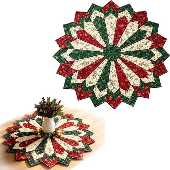 Christmas Quilted Round Table Centerpiece Mat,Patchwork Christmas Table Placemat,19.68 Inch Reusable Holiday Table Decor Mat for Xmas Dining Table,Indoor Tabletop Ornament for Home Party Decoration