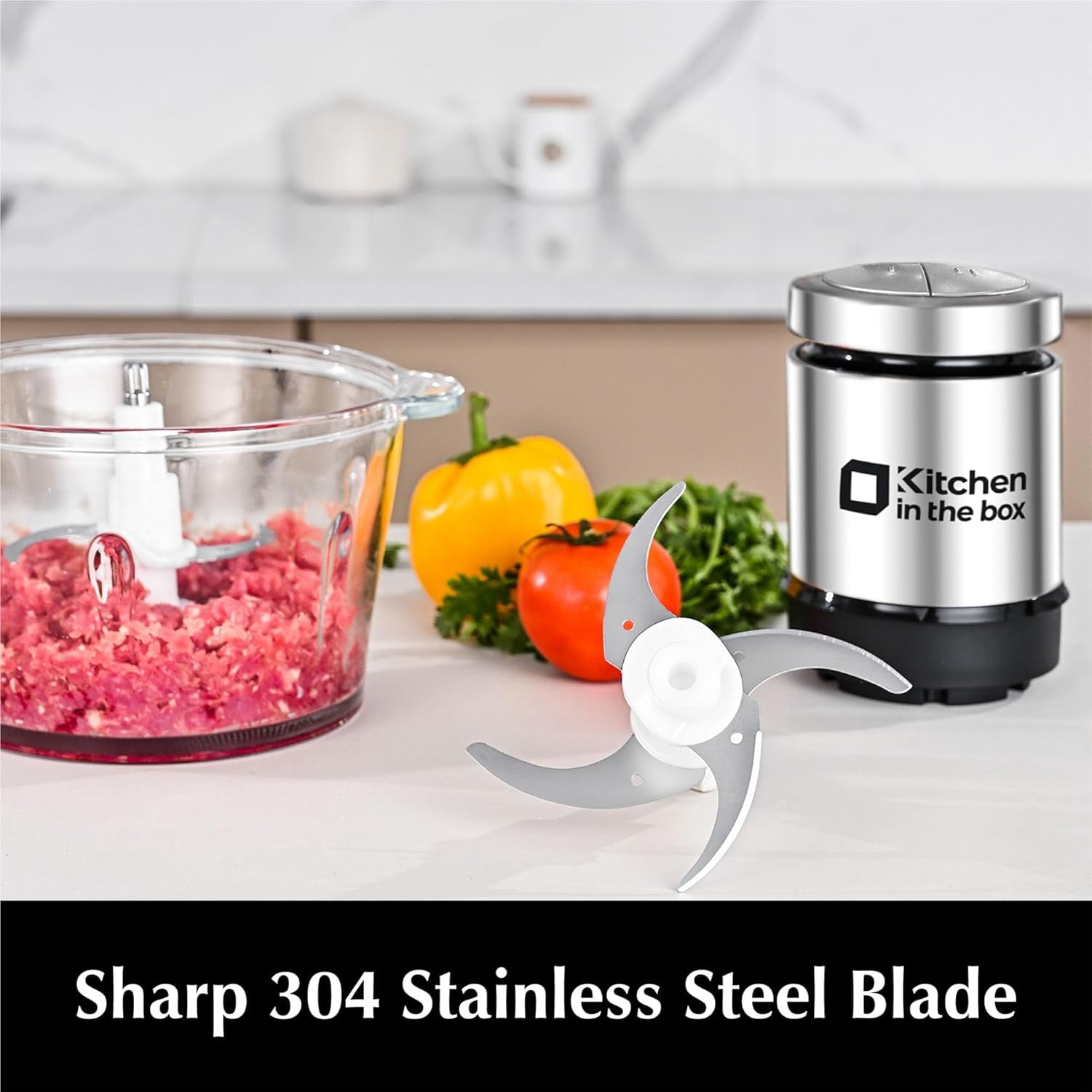 Kitchen in the box Food Processor, Electric Meat Grinder & Food Chopper with 400W Powerful Veggie Chopper-2 Bowls（8 Cup+8 Cup） & 2 Bi-Level Blades for Meat/Fish/Vegetable/Baby Food（Black Button）