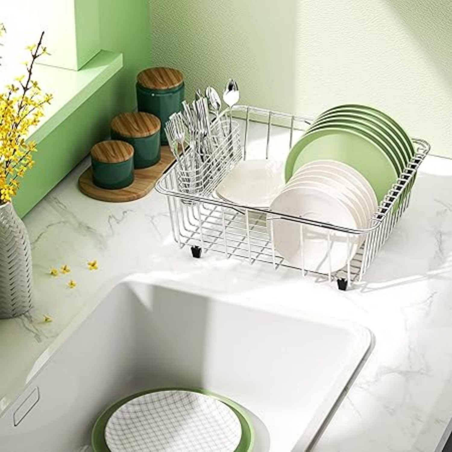 Dish Drying Rack in-Sink, 304 Stainless Steel Dish Drainer with Stainless Steel Silverware Holder Over Inside Sink-Adjustable 14.96" to 20.59" Maximium 13 Upright Dishes