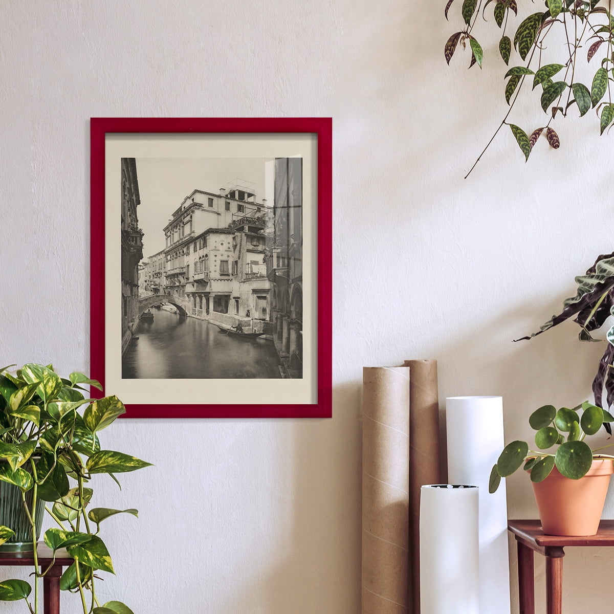 Vintage Views of Venice VI - Framed Print w/glass - Cherry Red