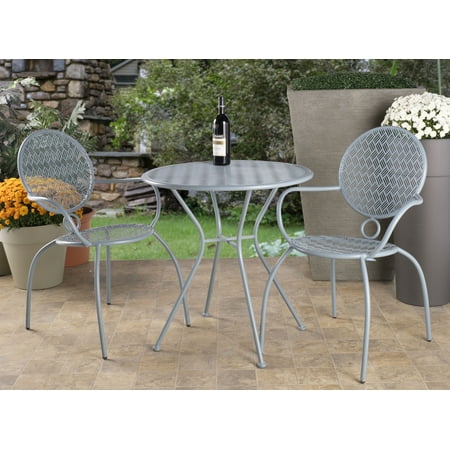 Wrought Iron Table And Chair Set Alfresco Home Martini 3 Piece Bistro Set in Cadet Blue Finish with 27.5