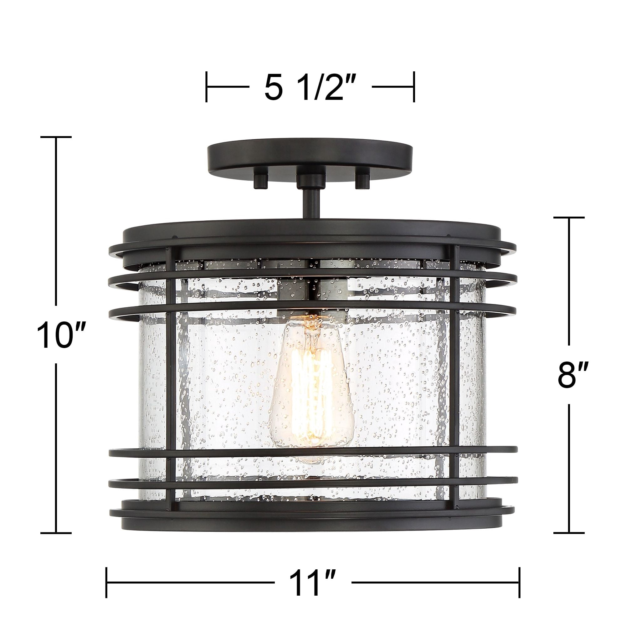 Possini Euro Design Modern Semi Flush Mount Outdoor Ceiling Light Fixture Black Geometric 11" Clear Seedy Glass for Exterior House Porch Patio Deck