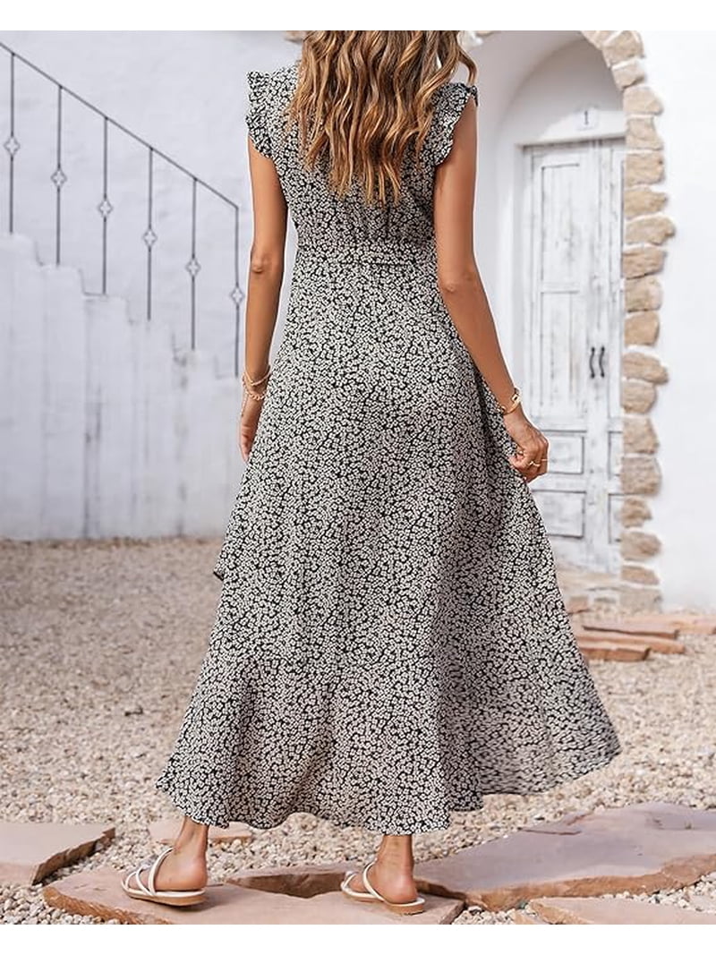 ladies boho maxi dress BTFBM Womens Summer Floral Vacation Ruffle Sleeve V Neck Wrap Spring Beach Wedding Guest Dresses fancy short dresses prom Forever 21 Black Long Color:Nude/Gold/Silver* 3% Spandex