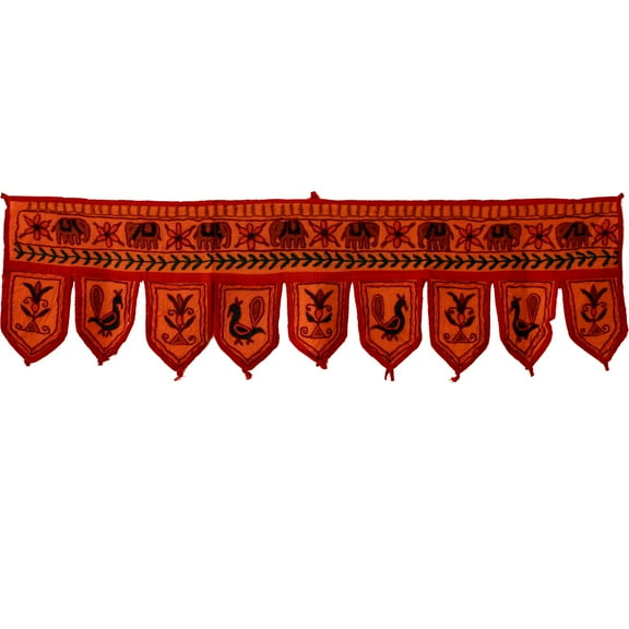 Stylo Culture Decorative Cotton Window Valance Embroidered Orange Indian Embroidered Elephant Scarf Curtain Topper Bedroom Traditional Swag Curtain Door Hanging Toran | 36 x 10 Inches