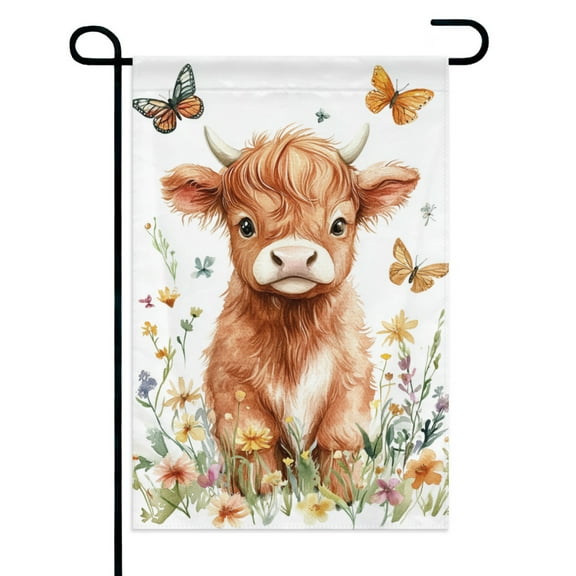 Cute Highland Cow and Floral Butterfly Garden Flags 12×18 Inch Double Sided Decorative Yard Banner Seasonal Flag for Outdoor Outside Decor