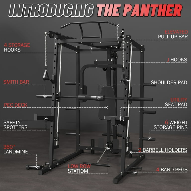 Mikolo Smith Machine, 2000LBS Power Cage Squat Rack with Smith Bar, Chest Fly Machine with Two LAT Pull-Down Systems, Cable Crossover Machine and More Cable Attachment for Home gym