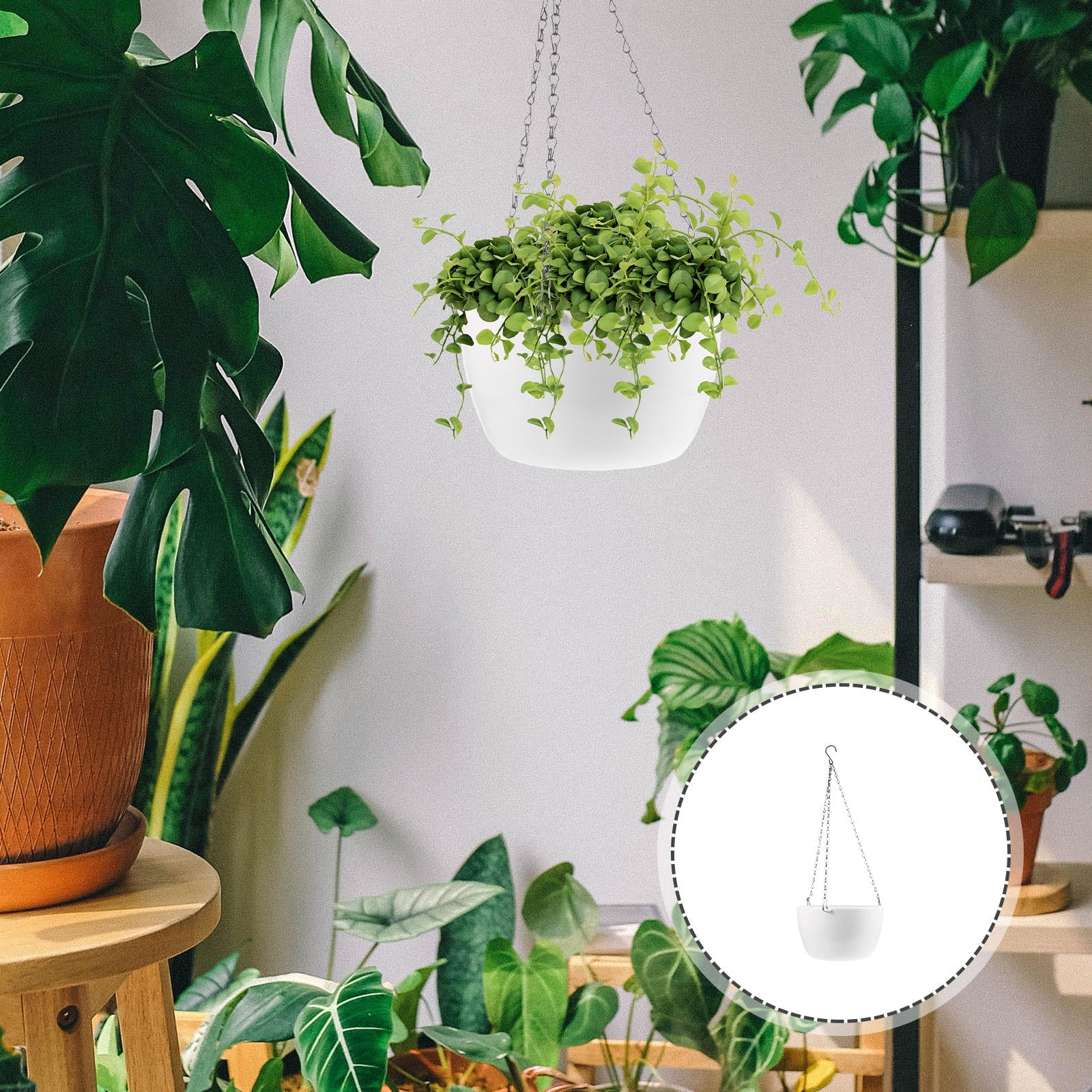 SWETRACE 1Set White PP Iron Hanging Planter Basket for Indoor Plants with Watering Holes 9.4X9.4X5.3in
