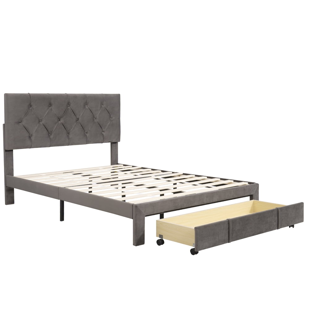 Full Size Upholstered Bed Frame, Platform Bed Frame with Storage Drawers, Full Size Bed Include Velvet Headboard Wingback and Strong Wood Slats Support, No Box Spring Needed, Gray