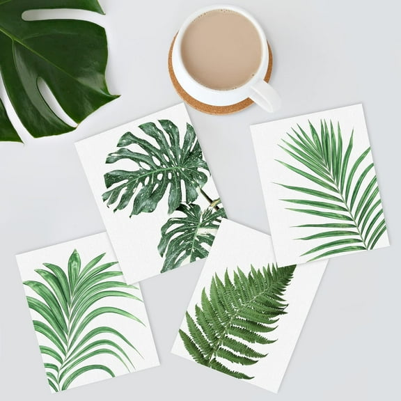 PixonSign Adhesive Wall Art Green Palm Leaf Forest Fern Posters, Set of 4 Nature Wilderness Tropical Plants Canvas Prints, Floral Botanical Illustrations Wall Décor for Home - 11"x14"
