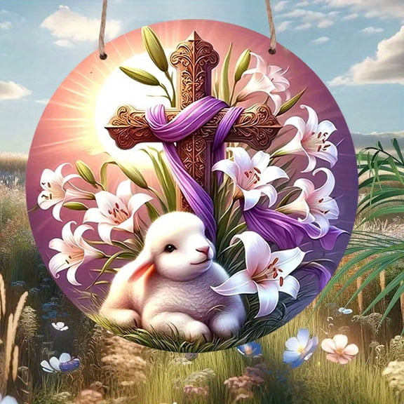 HELLOYOUNG Easter Bunny Wall Hanging 7.87x7.87in Rustic Bohemian Cross Wooden Decor Festive Spring Home Door Art Sign