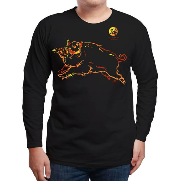 Year of the BOAR (Pig) Asian Oriental Chinese Zodiac Horoscope sign 100% Cotton BLACK LONG SLEEVE T-SHIRT. Adult LARGE