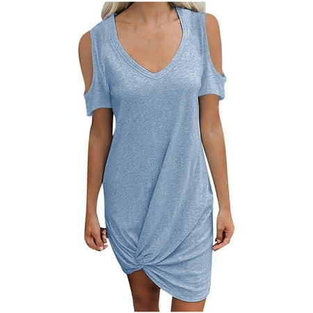 

Wedding Guest Dresses for Women Summer Dress Women Fashion O Neck Strapless Solid Short Sleeve Dress Casual Baggy Dress Wedding Dresses for Bride Valentines Dress Summer Savings Blue S